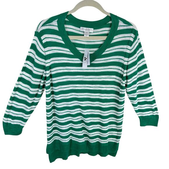 Christopher & Banks NWT Green White Striped Lightweight 3/4 Sleeve Sweater PXL - Picture 1 of 7